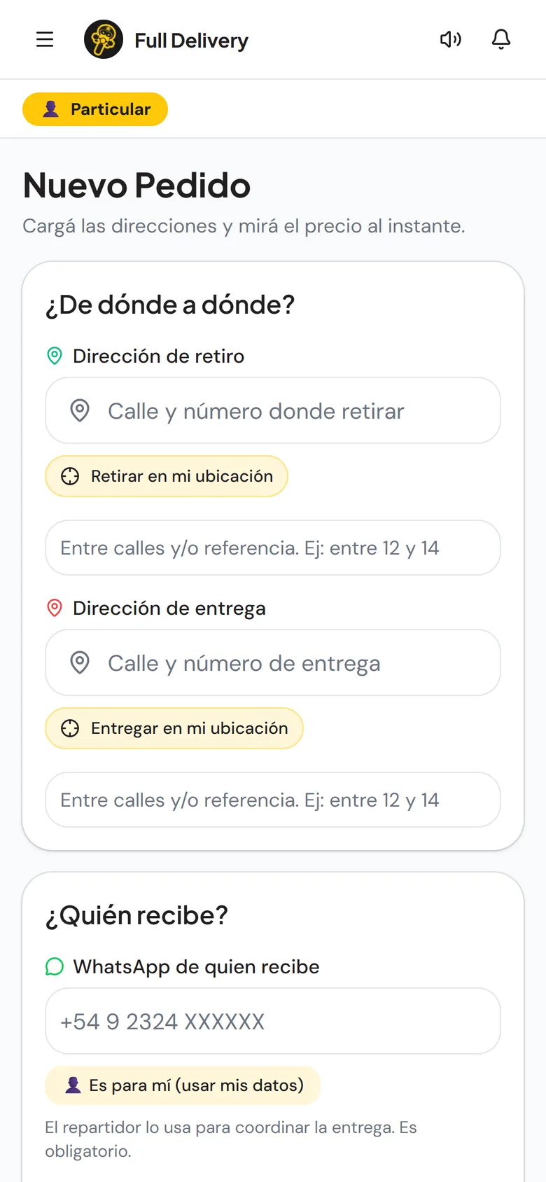 Particulares: Pedí un envío en un minuto